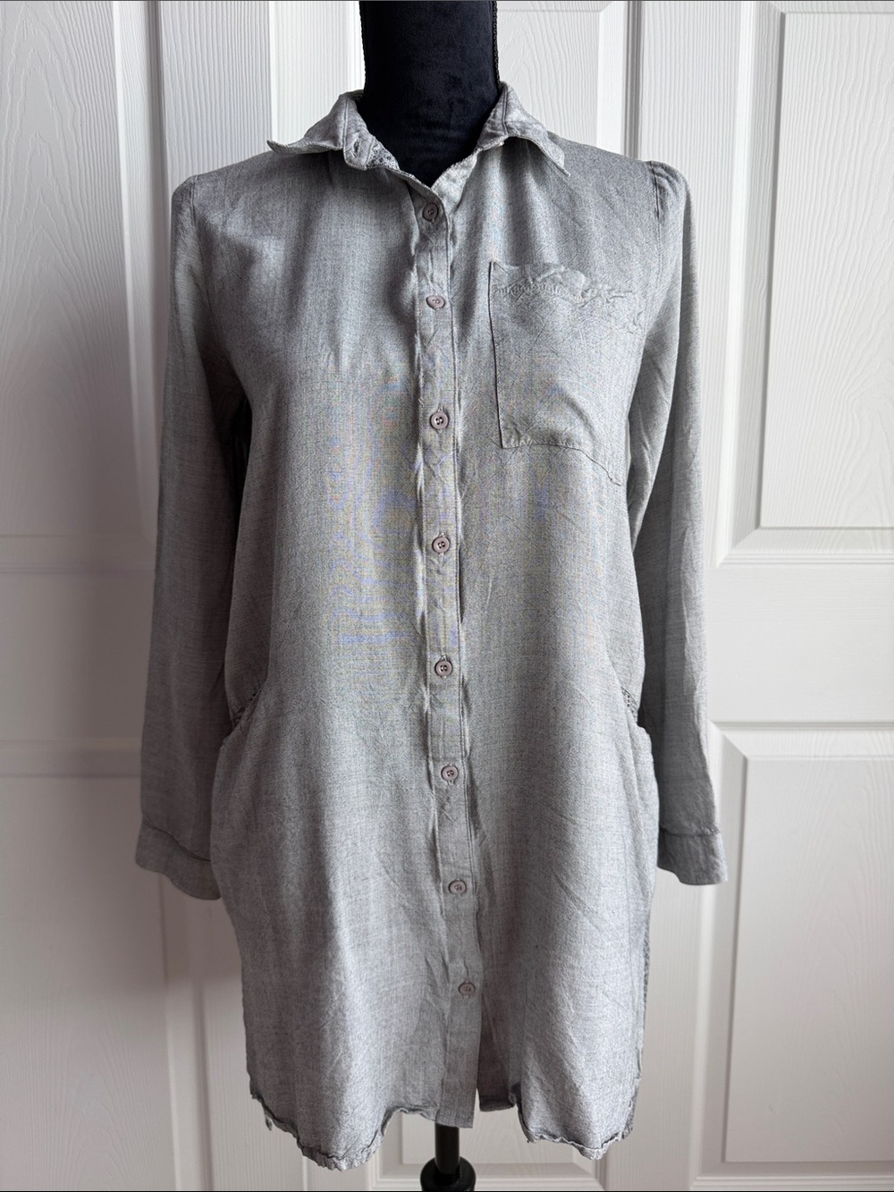 Mystree Gray Button-Down Casual Tunic Shirt